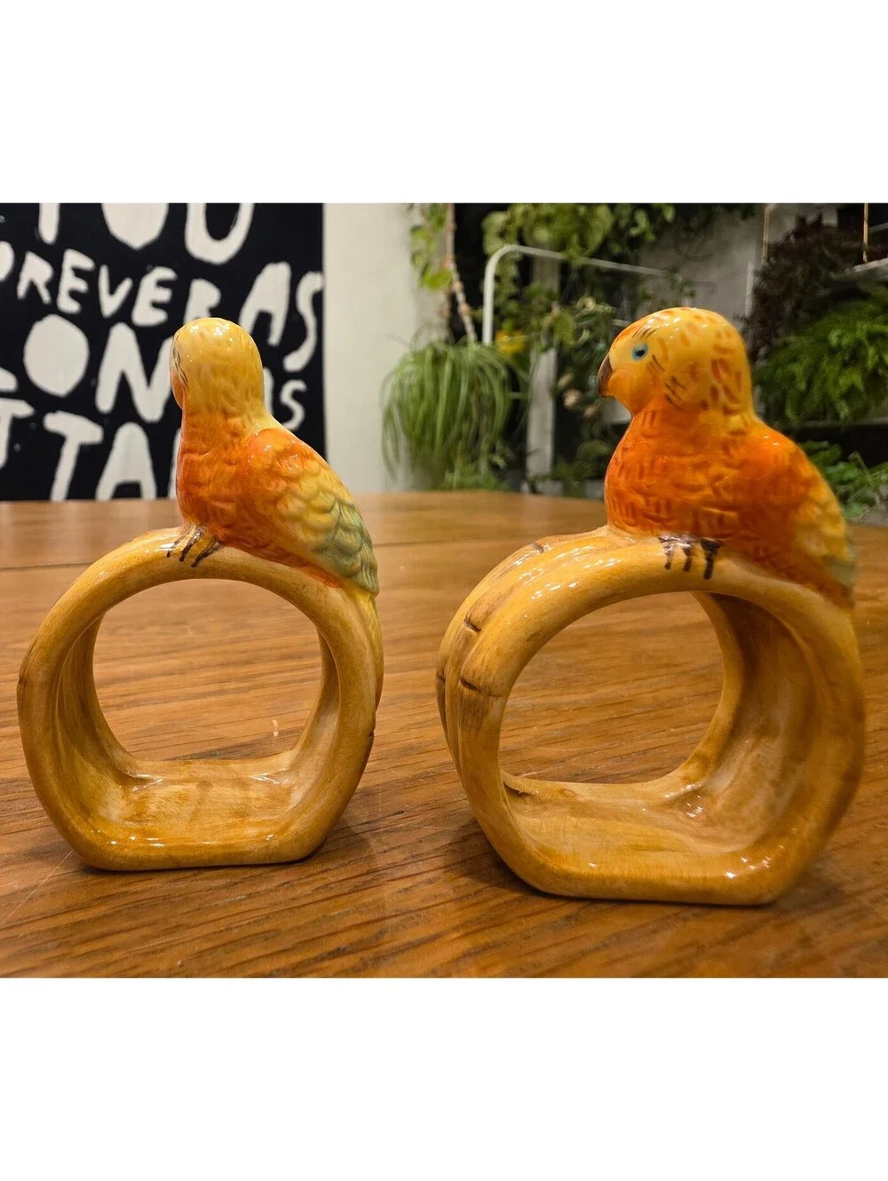 Ceramic Parrot Napkin Rings Pair Yellow & Orange Tropical Tiki Bird